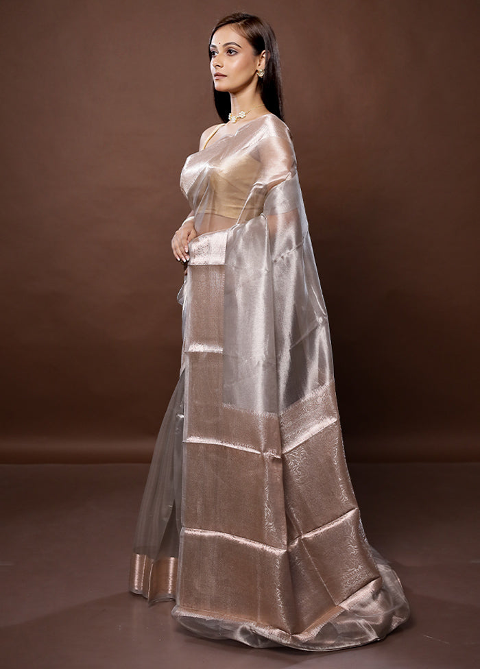 Grey Handloom Tissue Pure Silk Saree With Blouse Piece