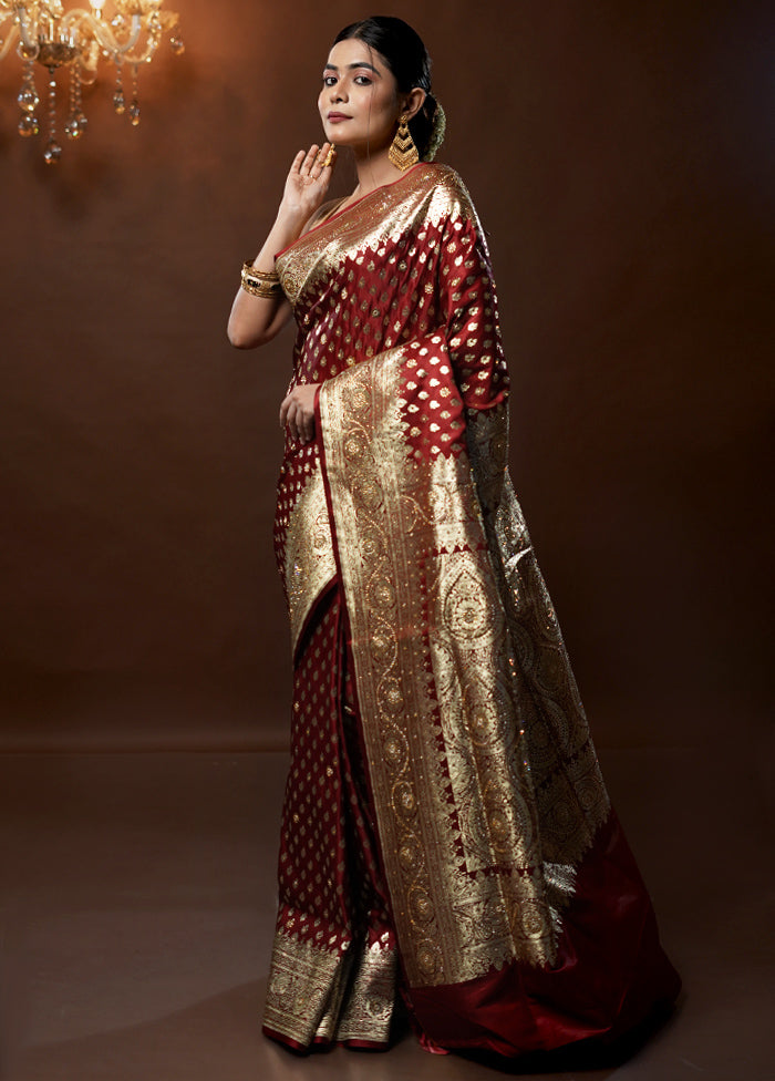 Maroon Banarasi Silk Saree With Blouse Piece - Indian Silk House Agencies