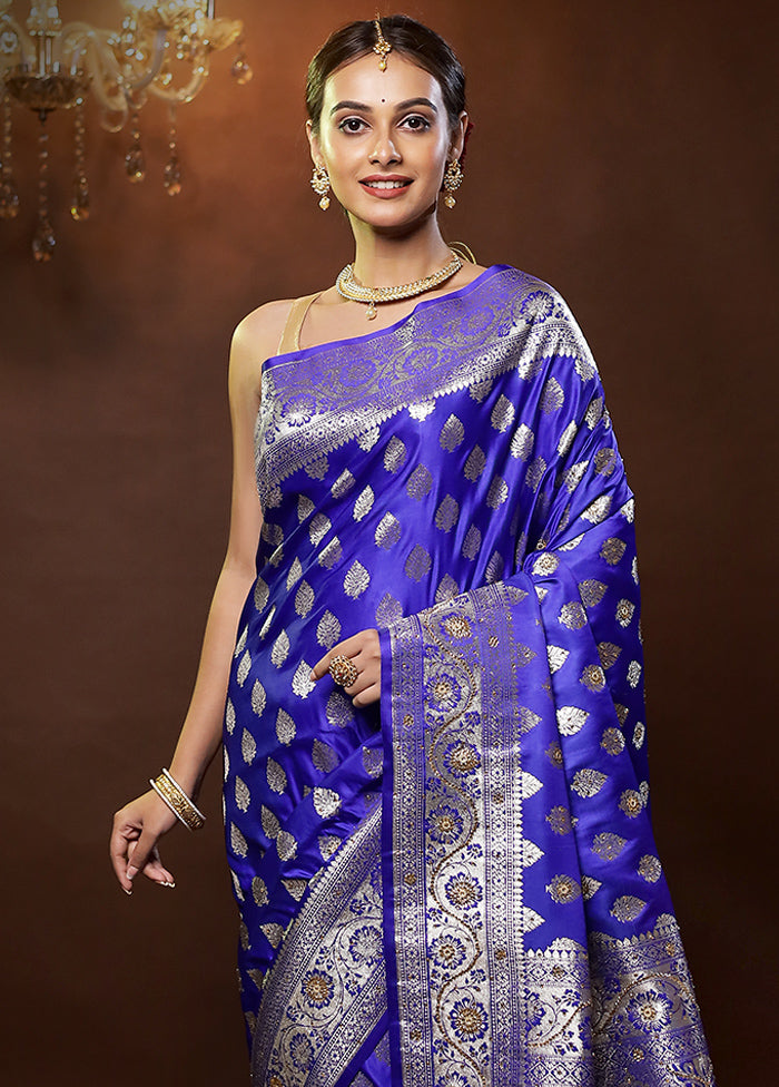 Blue Banarasi Silk Saree With Blouse Piece - Indian Silk House Agencies