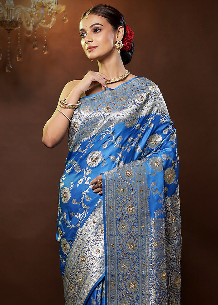 Blue Banarasi Silk Saree With Blouse Piece