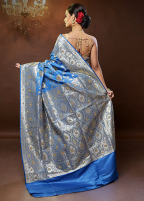 Blue Banarasi Silk Saree With Blouse Piece