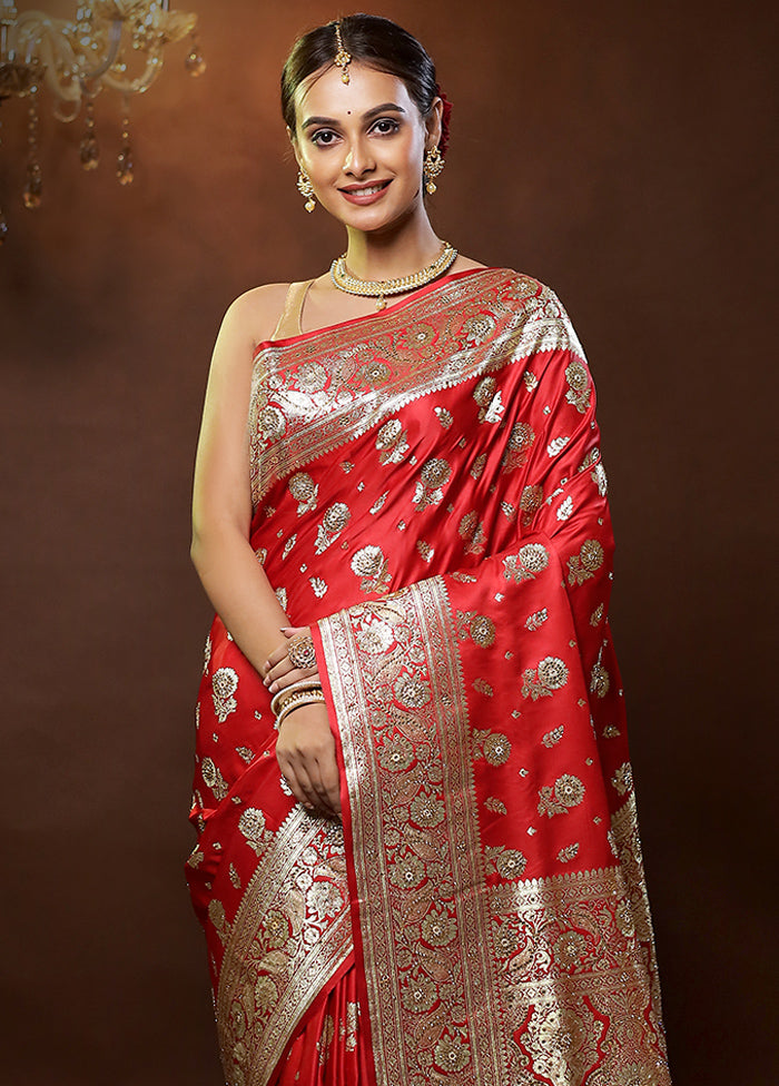 Red Banarasi Silk Saree With Blouse Piece