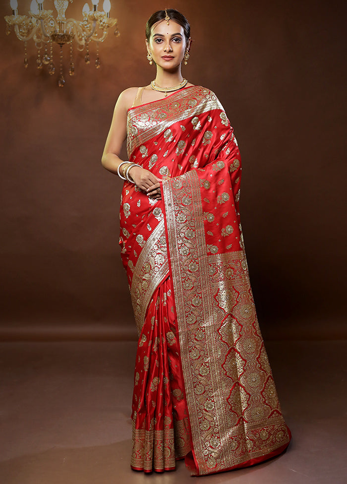 Red Banarasi Silk Saree With Blouse Piece