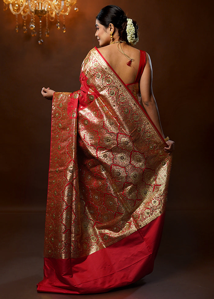 Red Banarasi Silk Saree With Blouse Piece