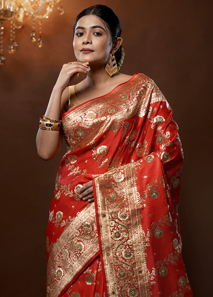 Red Banarasi Silk Saree With Blouse Piece