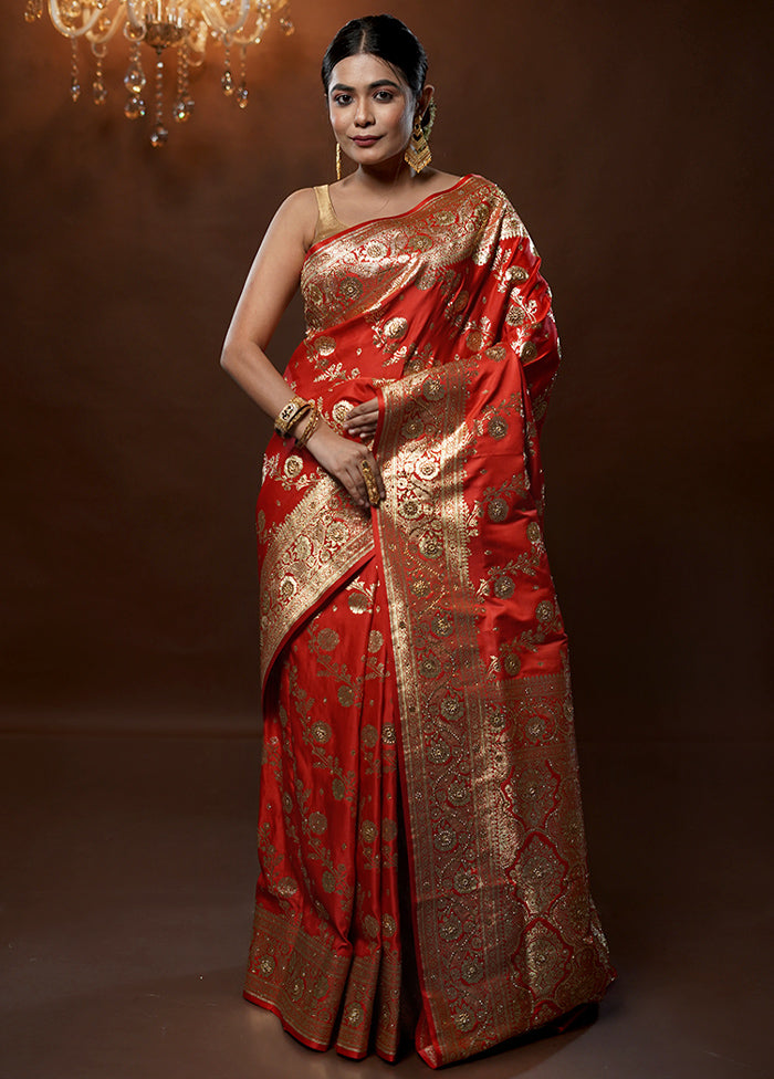 Red Banarasi Silk Saree With Blouse Piece