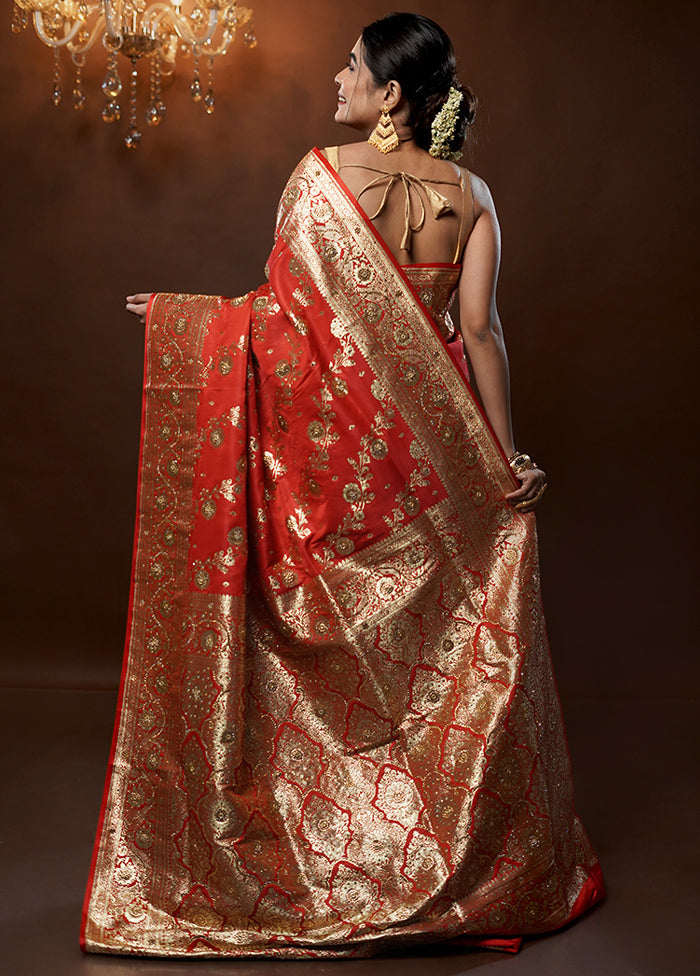 Red Banarasi Silk Saree With Blouse Piece