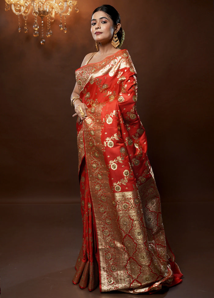 Red Banarasi Silk Saree With Blouse Piece