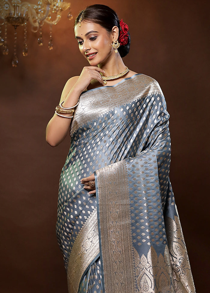 Grey Banarasi Silk Saree With Blouse Piece