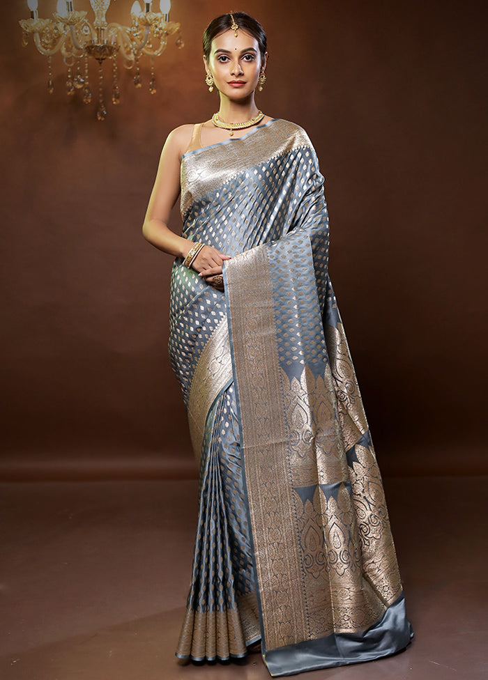 Grey Banarasi Silk Saree With Blouse Piece