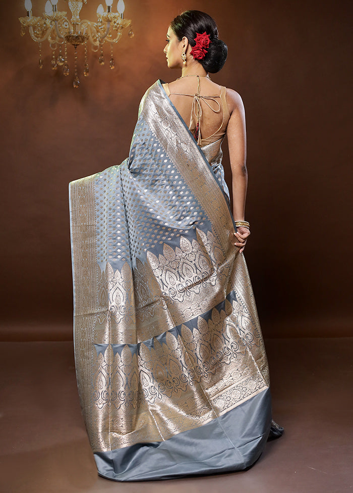 Grey Banarasi Silk Saree With Blouse Piece