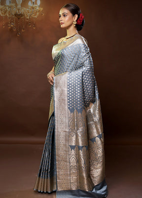 Grey Banarasi Silk Saree With Blouse Piece