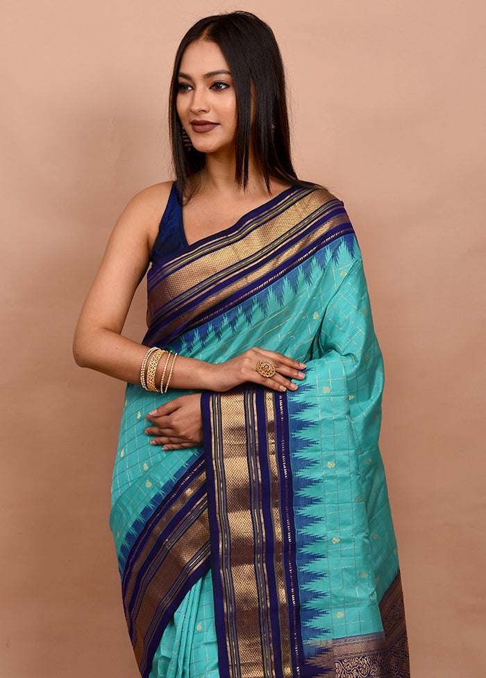 Blue Gadwal Silk Saree Without Blouse Piece - Indian Silk House Agencies