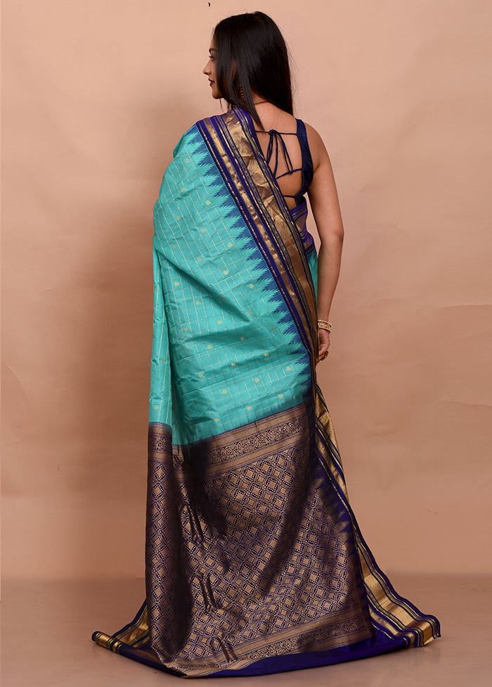 Blue Gadwal Silk Saree Without Blouse Piece - Indian Silk House Agencies