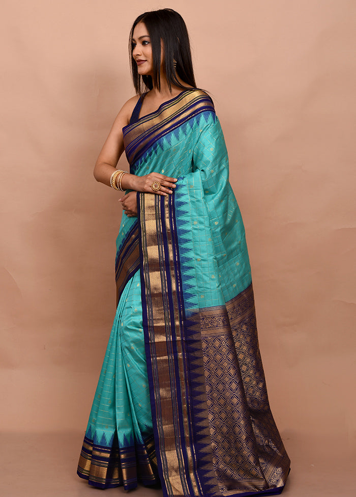 Blue Gadwal Silk Saree Without Blouse Piece - Indian Silk House Agencies