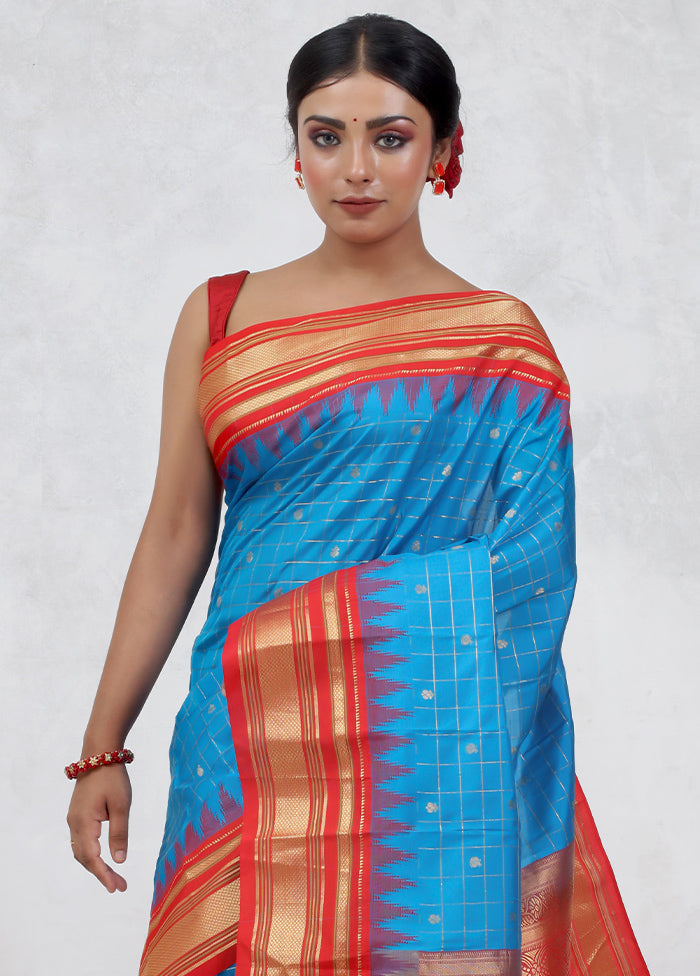 Blue Gadwal Pure Silk Saree Without Blouse Piece - Indian Silk House Agencies