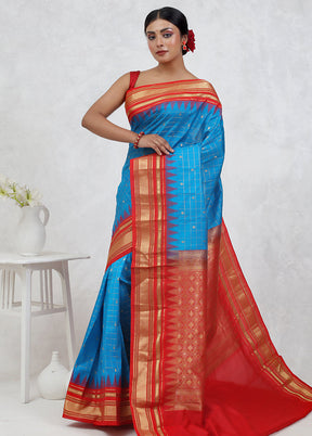 Blue Gadwal Pure Silk Saree Without Blouse Piece - Indian Silk House Agencies