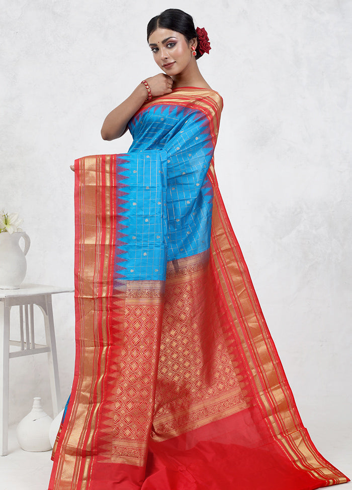 Blue Gadwal Pure Silk Saree Without Blouse Piece - Indian Silk House Agencies