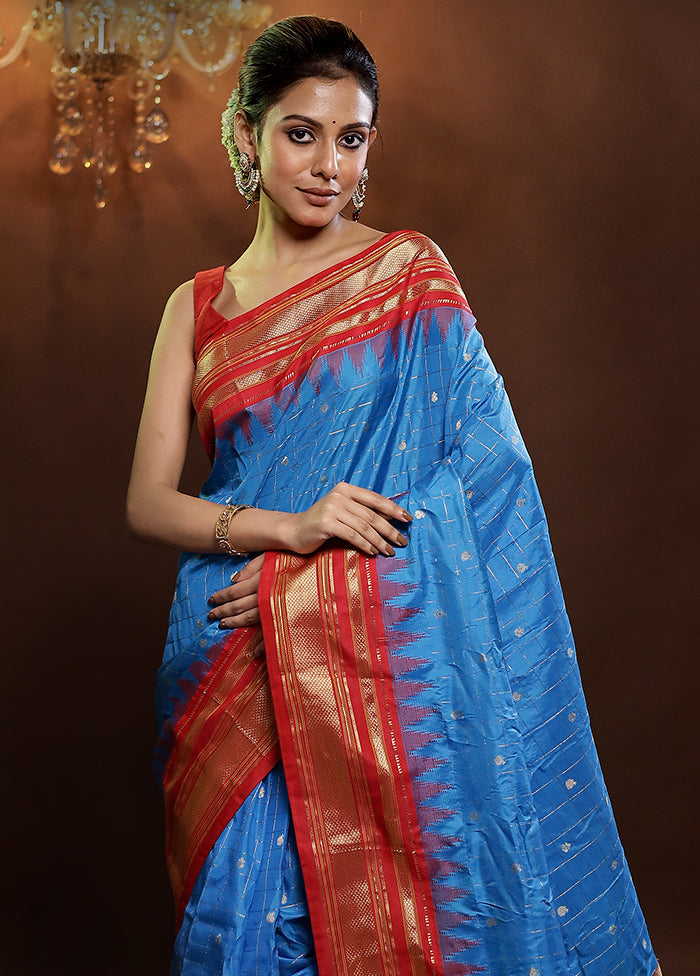 Blue Gadwal Pure Silk Saree Without Blouse Piece - Indian Silk House Agencies