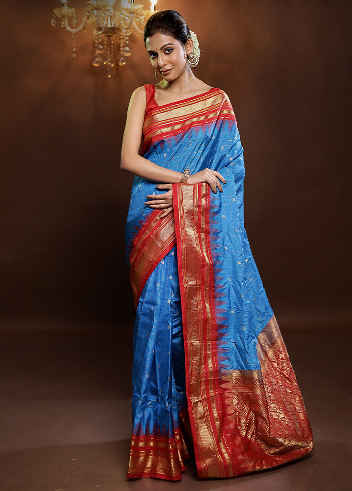 Blue Gadwal Pure Silk Saree Without Blouse Piece