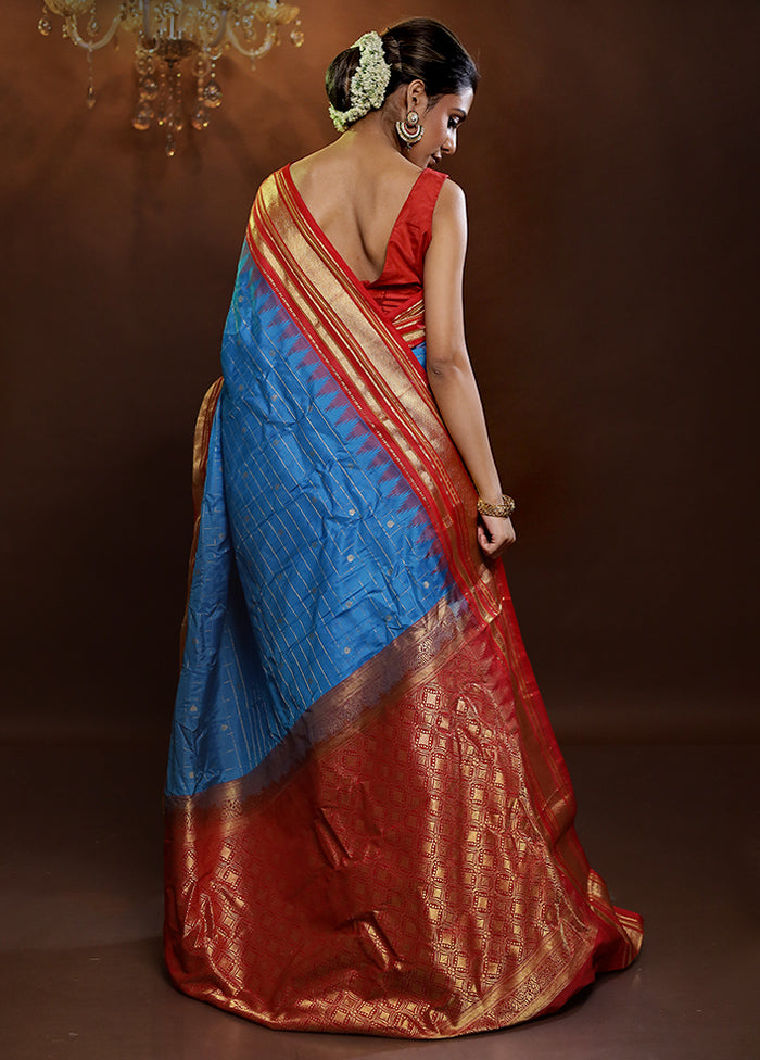 Blue Gadwal Pure Silk Saree Without Blouse Piece - Indian Silk House Agencies