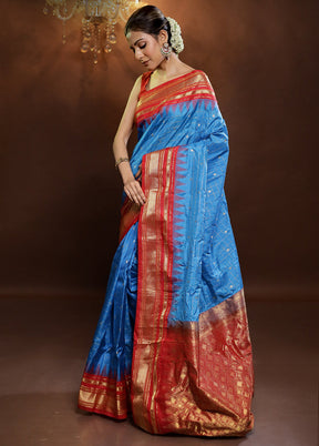 Blue Gadwal Pure Silk Saree Without Blouse Piece - Indian Silk House Agencies