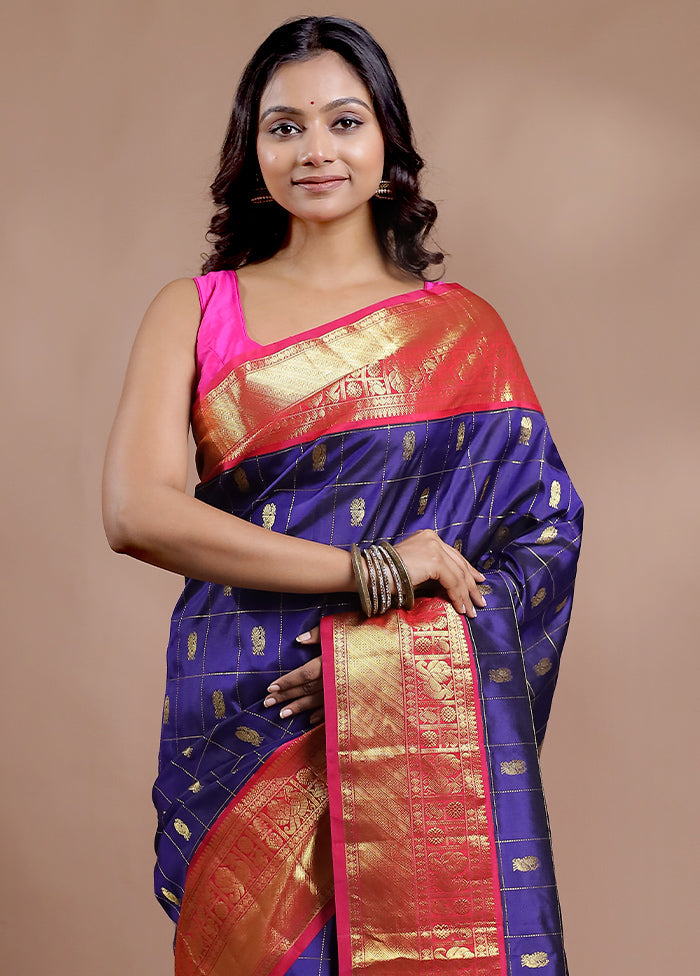 Blue Gadwal Pure Silk Saree Without Blouse Piece - Indian Silk House Agencies