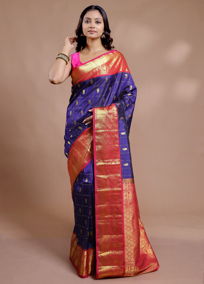 Blue Gadwal Pure Silk Saree Without Blouse Piece - Indian Silk House Agencies