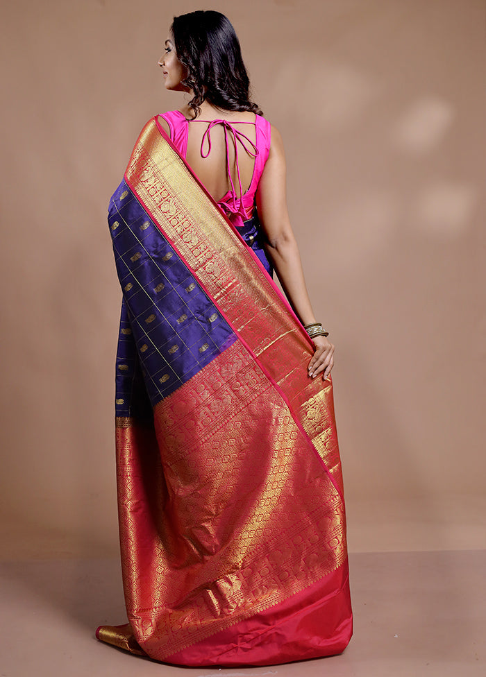 Blue Gadwal Pure Silk Saree Without Blouse Piece - Indian Silk House Agencies