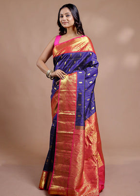 Blue Gadwal Pure Silk Saree Without Blouse Piece - Indian Silk House Agencies