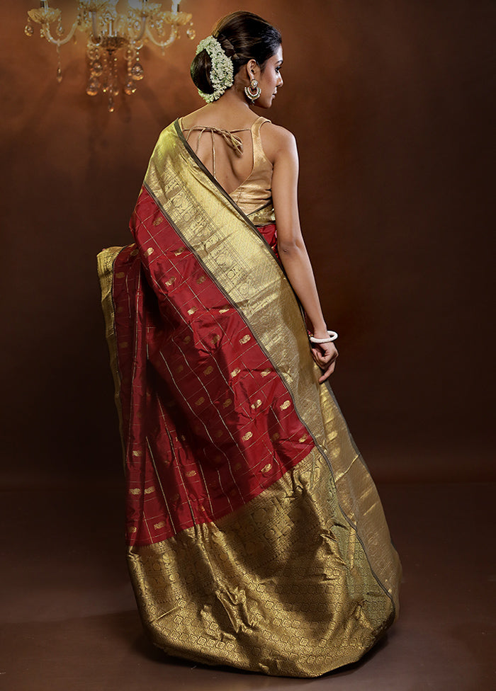 Maroon Gadwal Pure Silk Saree Without Blouse Piece