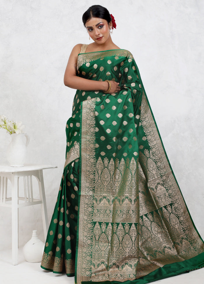 Green Banarasi Silk Saree Without Blouse Piece - Indian Silk House Agencies