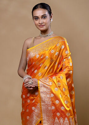 Orange Banarasi Silk Saree With Blouse Piece