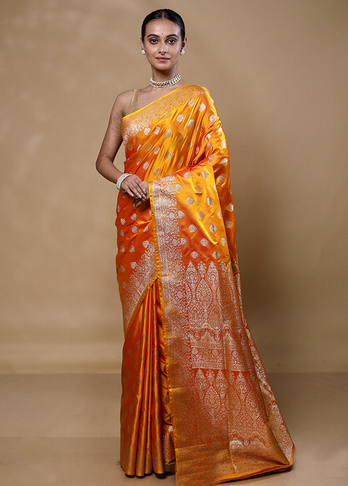 Orange Banarasi Silk Saree With Blouse Piece