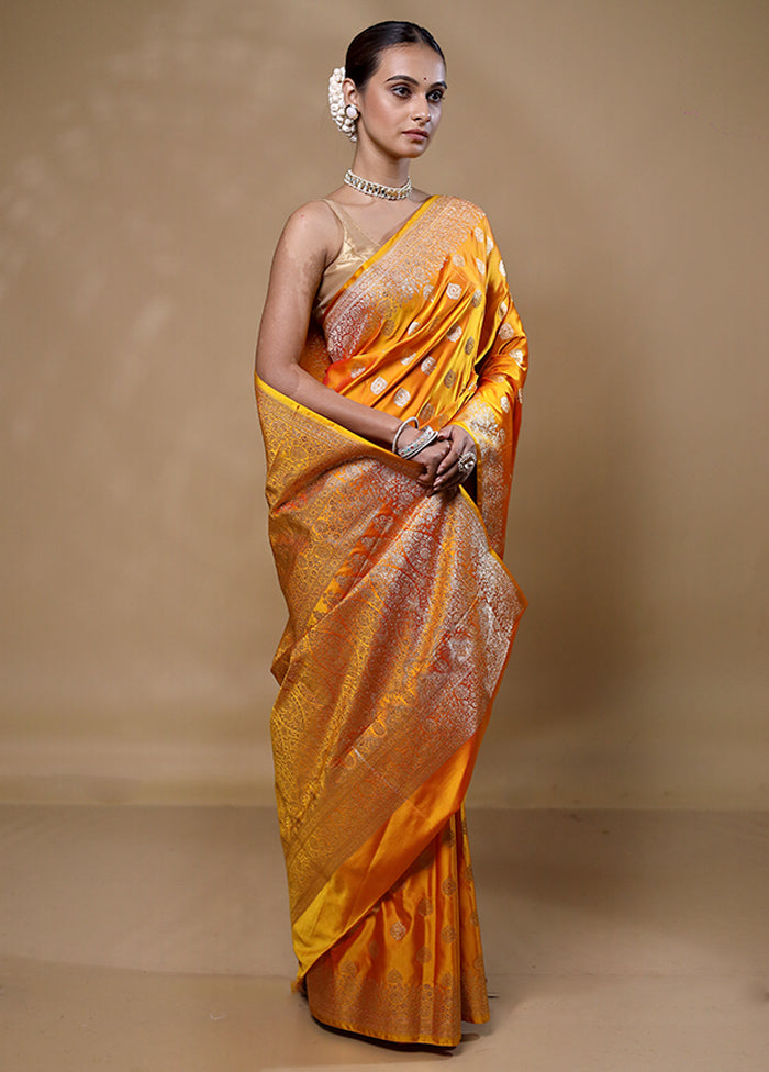 Orange Banarasi Silk Saree With Blouse Piece