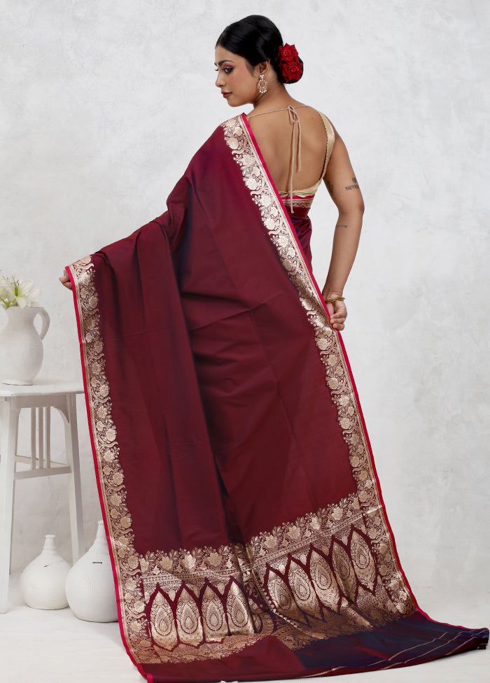 Maroon Banarasi Silk Saree Without Blouse Piece - Indian Silk House Agencies