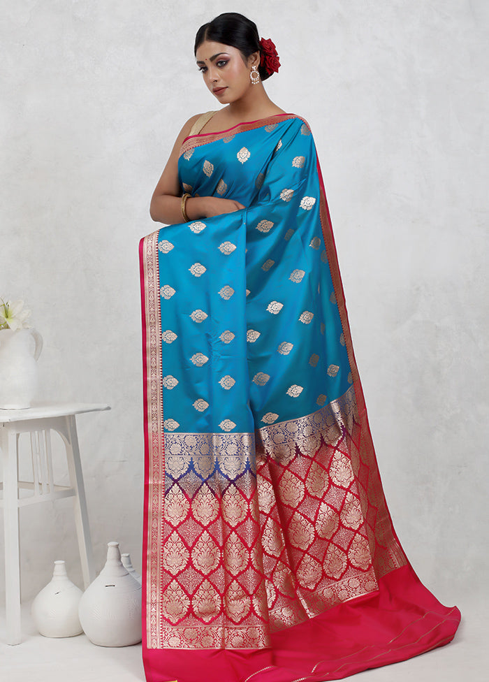 Blue Banarasi Silk Saree Without Blouse Piece - Indian Silk House Agencies