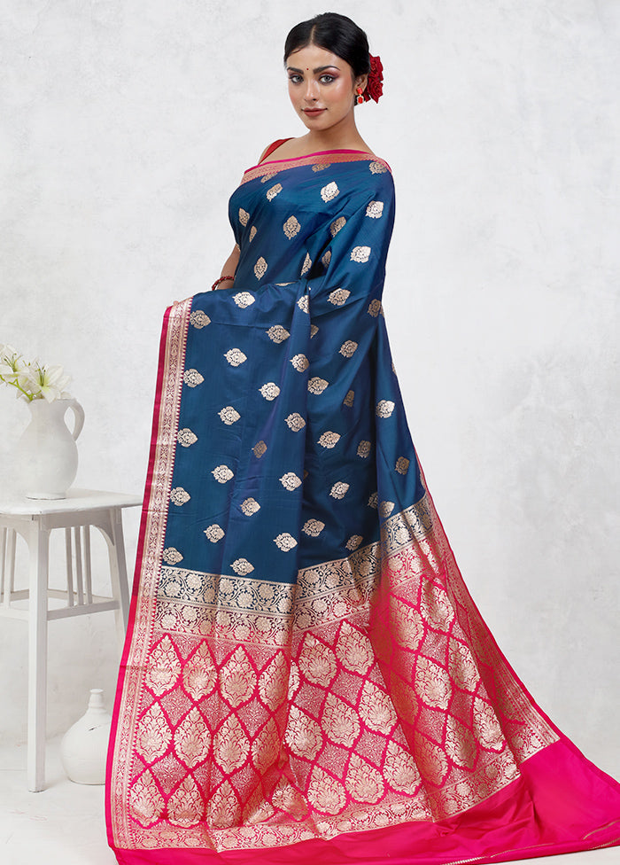 Blue Banarasi Silk Saree Without Blouse Piece - Indian Silk House Agencies