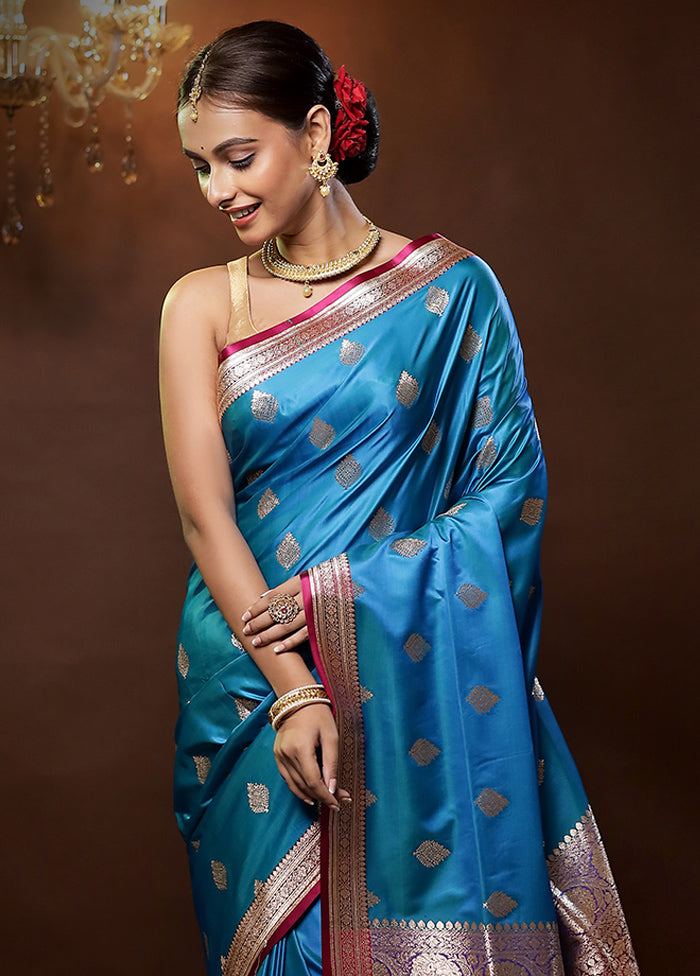 Blue Banarasi Silk Saree With Blouse Piece