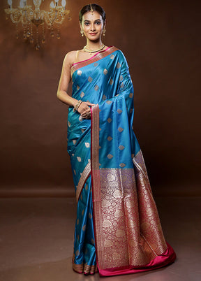 Blue Banarasi Silk Saree With Blouse Piece