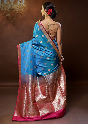 Blue Banarasi Silk Saree With Blouse Piece