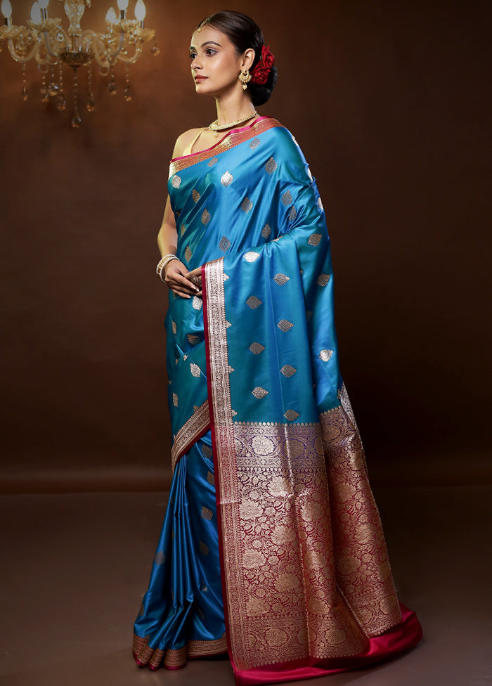 Blue Banarasi Silk Saree With Blouse Piece