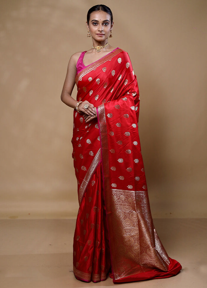 Red Banarasi Silk Saree With Blouse Piece