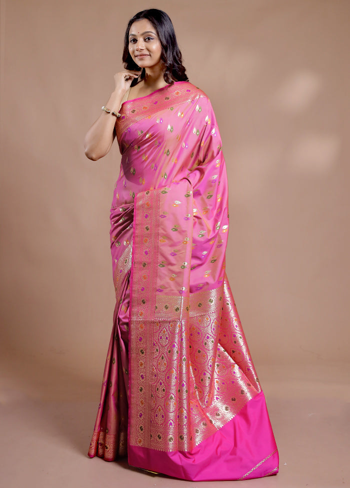 Pink Banarasi Pure Silk Saree With Blouse Piece - Indian Silk House Agencies