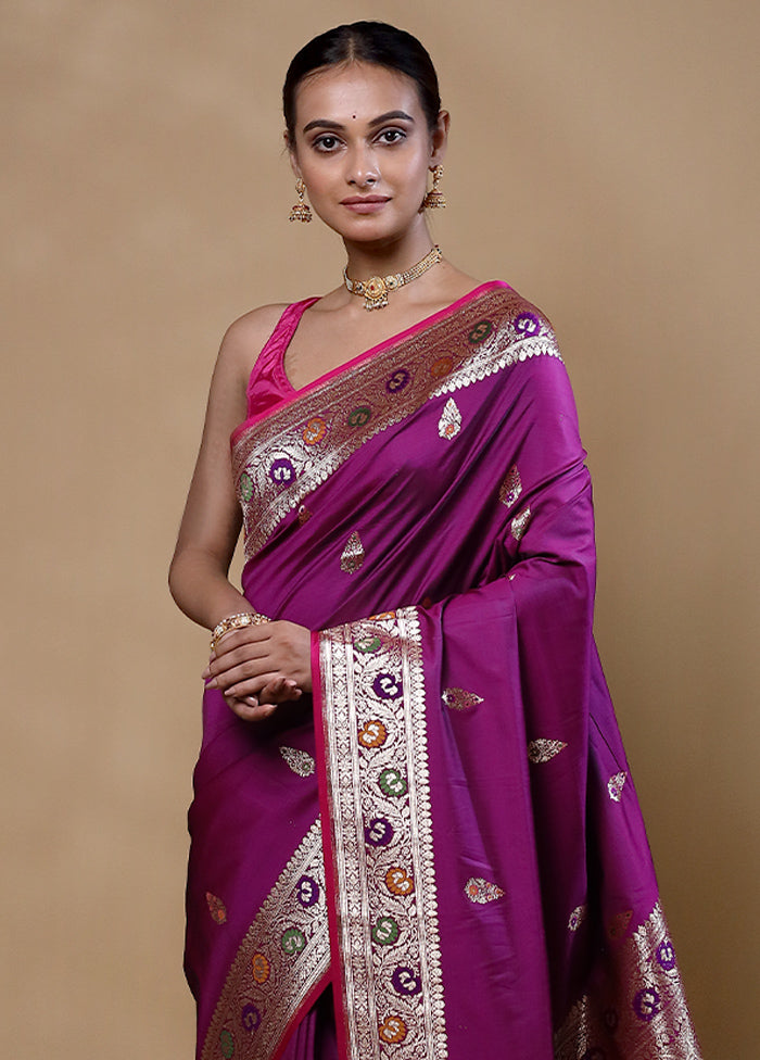 Purple Handloom Banarasi Pure Silk Saree With Blouse Piece