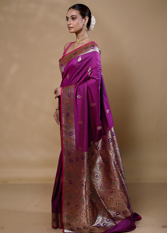 Purple Handloom Banarasi Pure Silk Saree With Blouse Piece