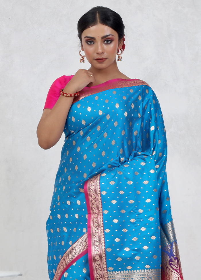 Blue Banarasi Silk Saree Without Blouse Piece - Indian Silk House Agencies