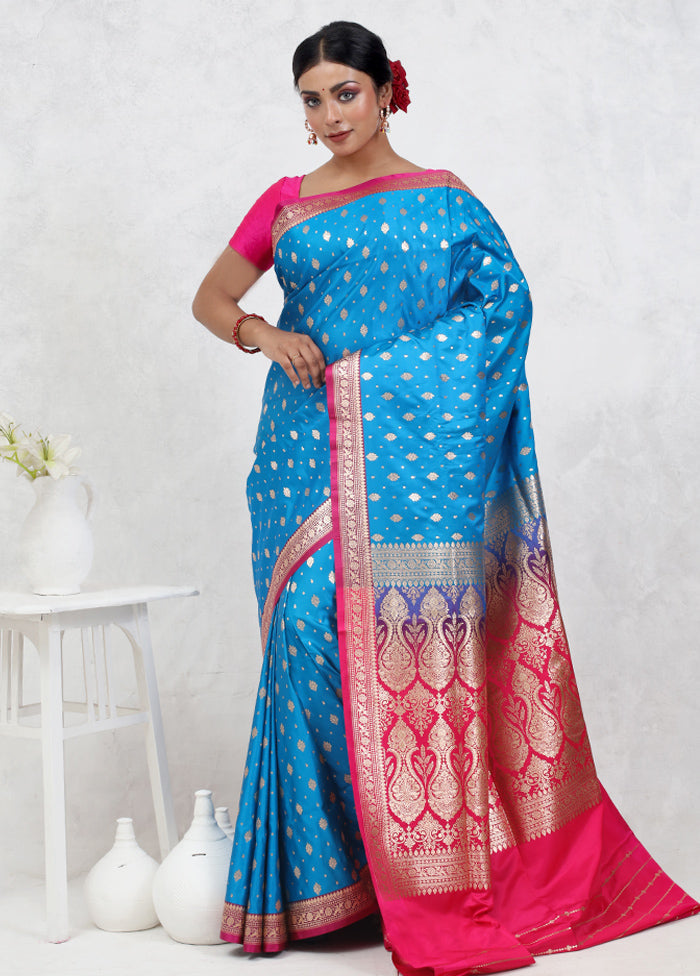 Blue Banarasi Silk Saree Without Blouse Piece - Indian Silk House Agencies