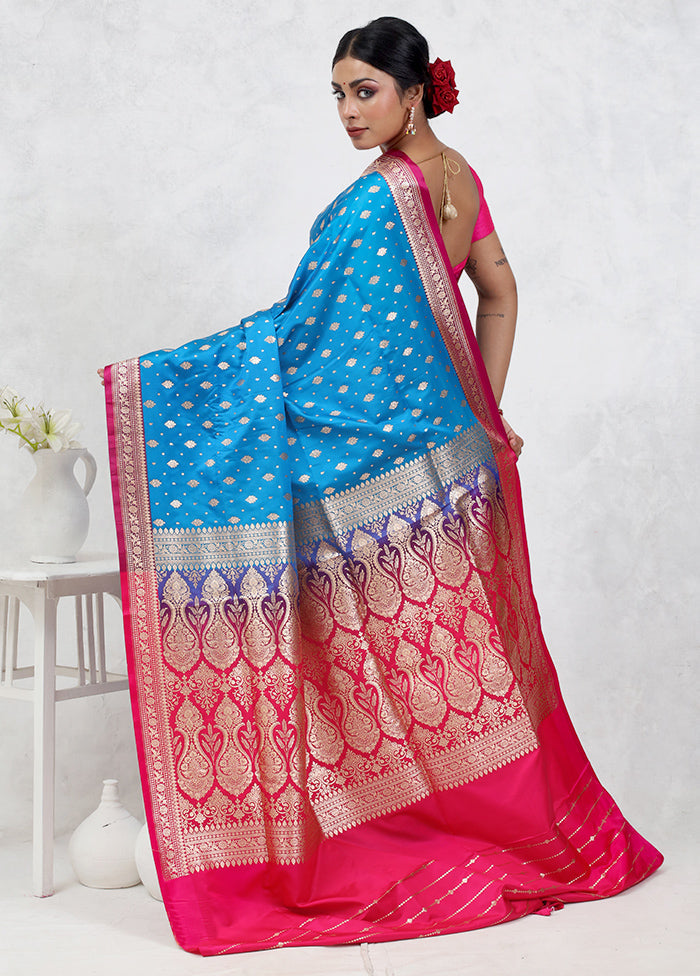 Blue Banarasi Silk Saree Without Blouse Piece - Indian Silk House Agencies