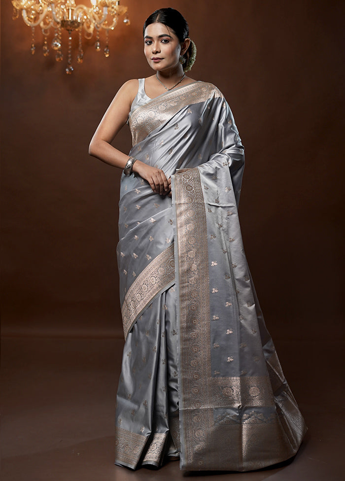 Grey Banarasi Silk Saree With Blouse Piece